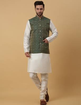 Men's cream kurta and churidar with jacquard ethnic motifs printed nehru jacket 4