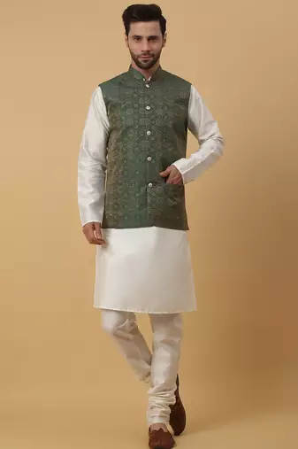 Men's cream kurta and churidar with jacquard ethnic motifs printed nehru jacket