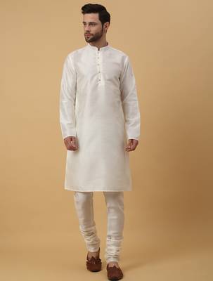 Men's cream kurta and churidar with jacquard ethnic motifs printed nehru jacket 5
