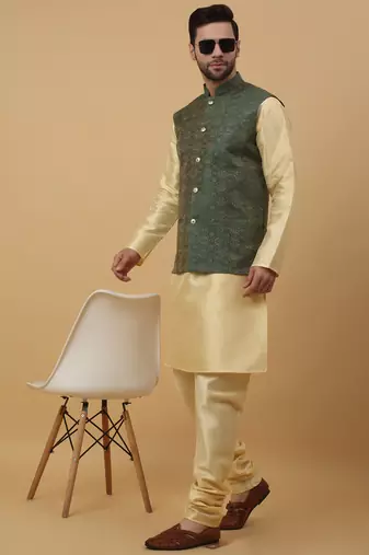 Men's beige kurta and churidar with jacquard ethnic motifs printed nehru jacket