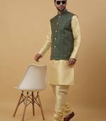 Men's beige kurta and churidar with jacquard ethnic motifs printed nehru jacket