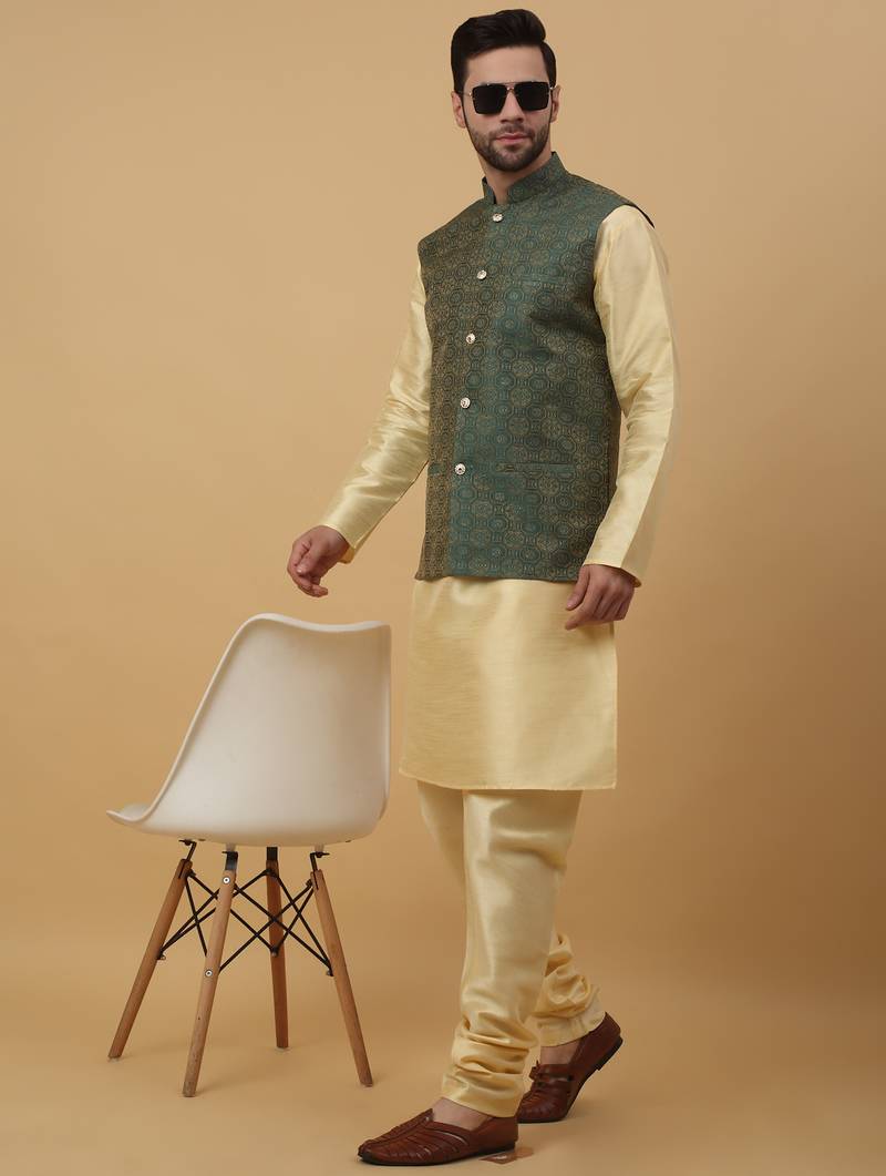 Men's beige kurta and churidar with jacquard ethnic motifs printed nehru jacket