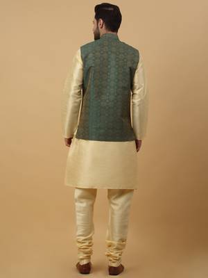 Men's beige kurta and churidar with jacquard ethnic motifs printed nehru jacket 3