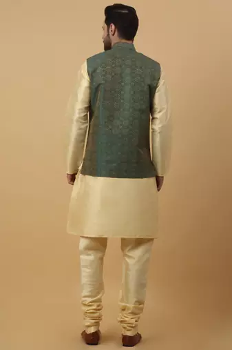 Men's beige kurta and churidar with jacquard ethnic motifs printed nehru jacket