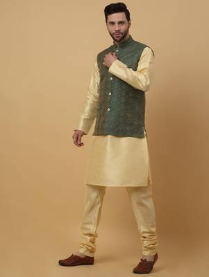 Men's beige kurta and churidar with jacquard ethnic motifs printed nehru jacket 4