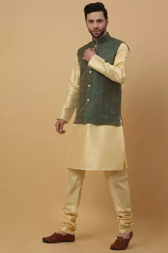 Men's beige kurta and churidar with jacquard ethnic motifs printed nehru jacket