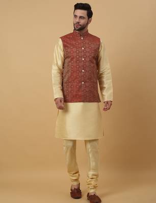 Men's beige kurta and churidar with jacquard ethnic motifs printed nehru jacket 1