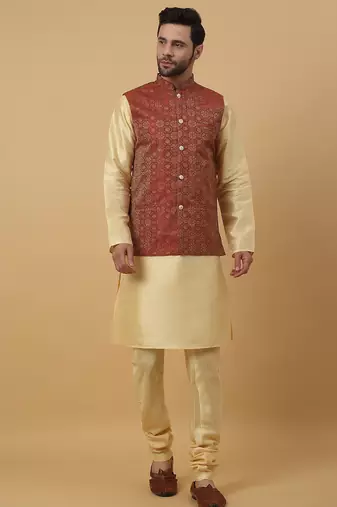 Men's beige kurta and churidar with jacquard ethnic motifs printed nehru jacket