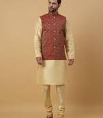 Men's beige kurta and churidar with jacquard ethnic motifs printed nehru jacket