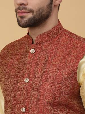 Men's beige kurta and churidar with jacquard ethnic motifs printed nehru jacket 2