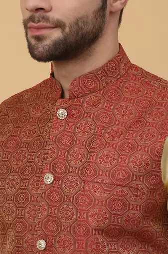 Men's beige kurta and churidar with jacquard ethnic motifs printed nehru jacket