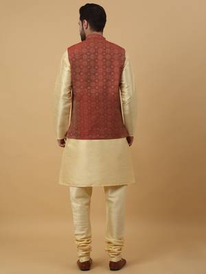 Men's beige kurta and churidar with jacquard ethnic motifs printed nehru jacket 3