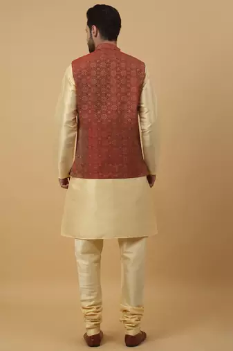 Men's beige kurta and churidar with jacquard ethnic motifs printed nehru jacket