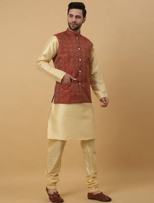 Men's beige kurta and churidar with jacquard ethnic motifs printed nehru jacket 4