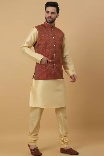 Men's beige kurta and churidar with jacquard ethnic motifs printed nehru jacket