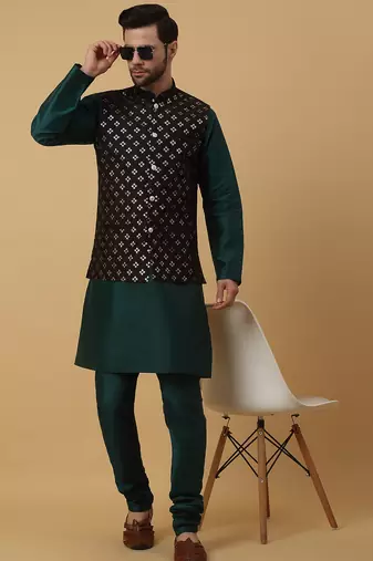 Men's green kurta and churidar with sequenced cotton silk nehru jacket