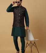 Men's green kurta and churidar with sequenced cotton silk nehru jacket
