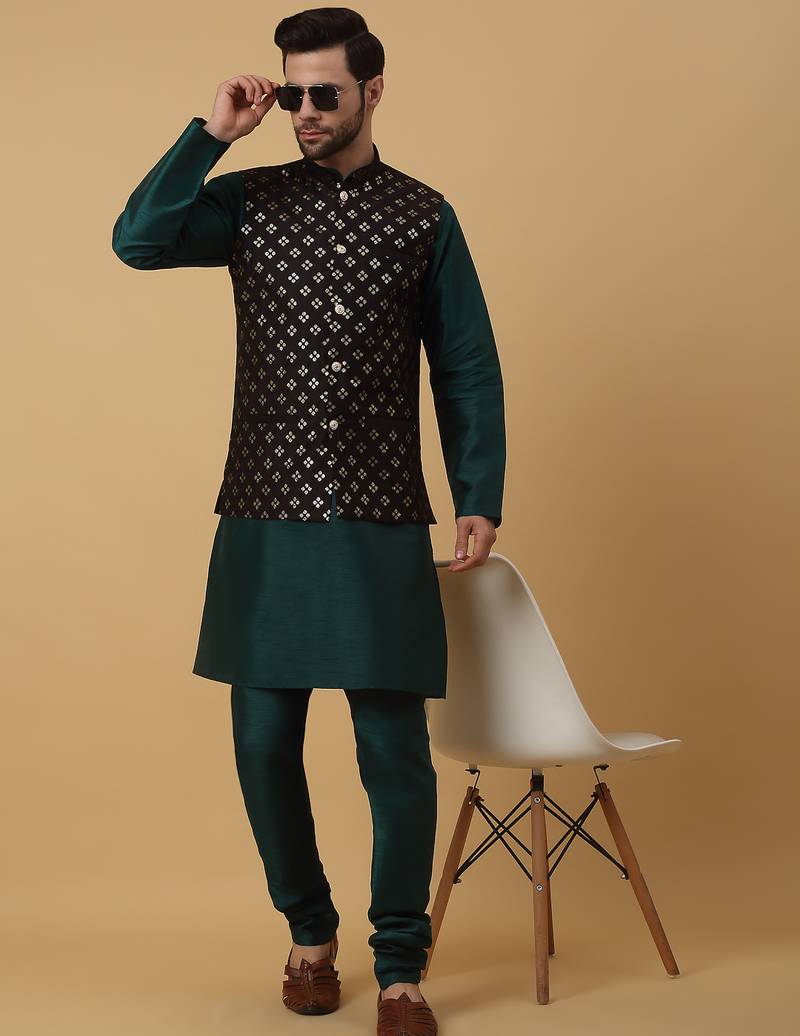 Men's green kurta and churidar with sequenced cotton silk nehru jacket