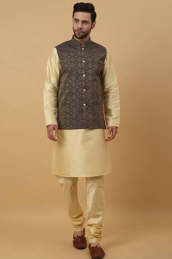 Men's beige kurta and churidar with jacquard ethnic motifs printed nehru jacket