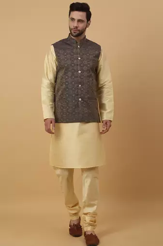 Men's beige kurta and churidar with jacquard ethnic motifs printed nehru jacket