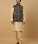 Men's beige kurta and churidar with jacquard ethnic motifs printed nehru jacket