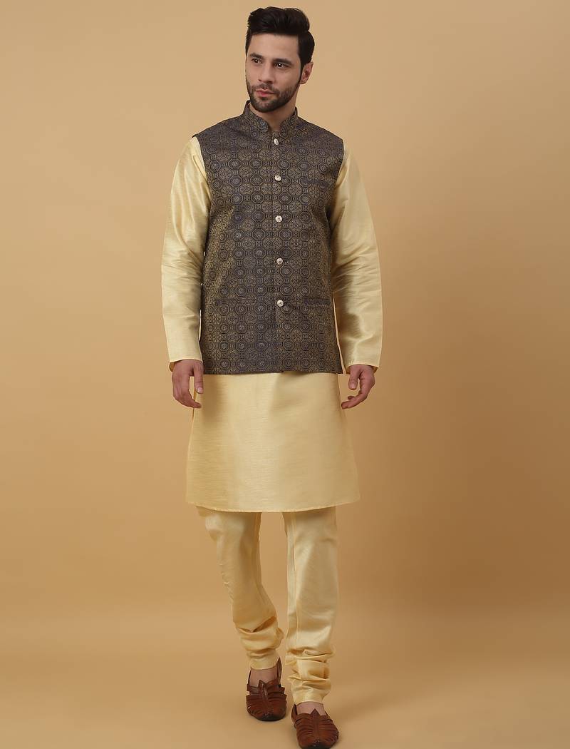 Men's beige kurta and churidar with jacquard ethnic motifs printed nehru jacket