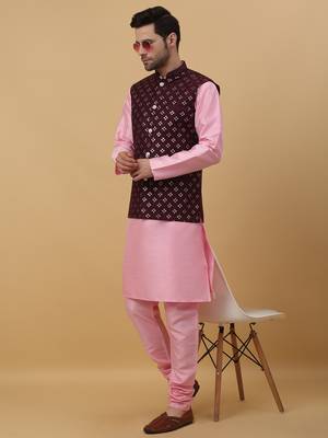 Men's pink kurta and churidar with sequenced cotton silk nehru jacket 1