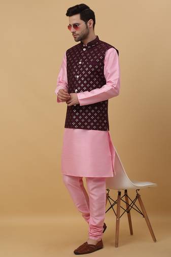 Men's pink kurta and churidar with sequenced cotton silk nehru jacket