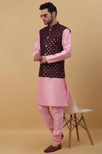 Men's pink kurta and churidar with sequenced cotton silk nehru jacket