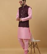 Men's pink kurta and churidar with sequenced cotton silk nehru jacket