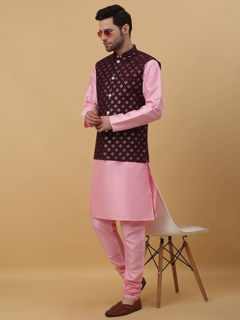 Men's pink kurta and churidar with sequenced cotton silk nehru jacket