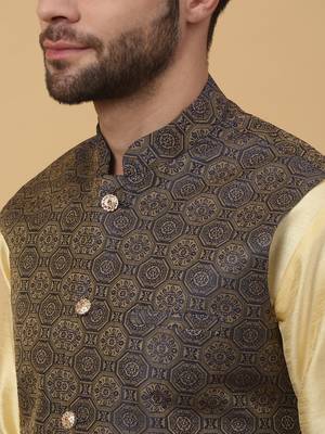 Men's beige kurta and churidar with jacquard ethnic motifs printed nehru jacket 2