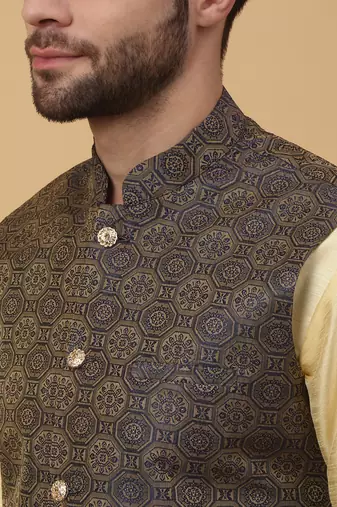Men's beige kurta and churidar with jacquard ethnic motifs printed nehru jacket