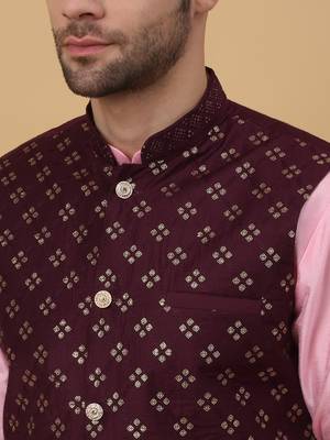 Men's pink kurta and churidar with sequenced cotton silk nehru jacket 2