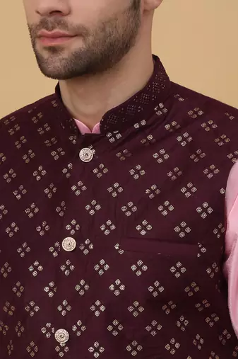 Men's pink kurta and churidar with sequenced cotton silk nehru jacket