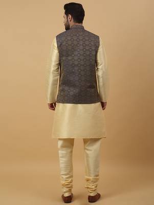 Men's beige kurta and churidar with jacquard ethnic motifs printed nehru jacket 3