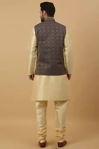 Men's beige kurta and churidar with jacquard ethnic motifs printed nehru jacket