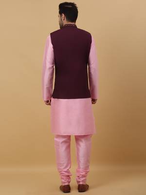 Men's pink kurta and churidar with sequenced cotton silk nehru jacket 3