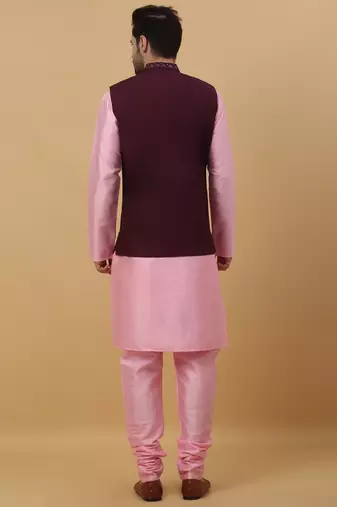Men's pink kurta and churidar with sequenced cotton silk nehru jacket