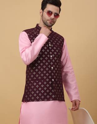 Men's pink kurta and churidar with sequenced cotton silk nehru jacket 4