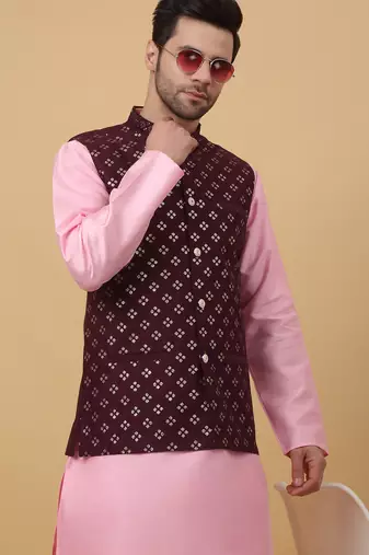 Men's pink kurta and churidar with sequenced cotton silk nehru jacket