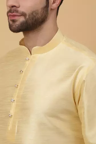 Men's beige kurta and churidar with jacquard ethnic motifs printed nehru jacket