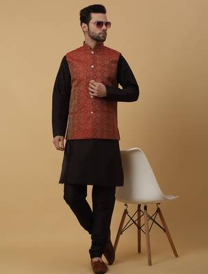 Men's black kurta and churidar with jacquard ethnic motifs printed nehru jacket 1
