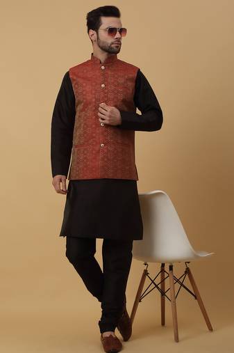 Men's black kurta and churidar with jacquard ethnic motifs printed nehru jacket