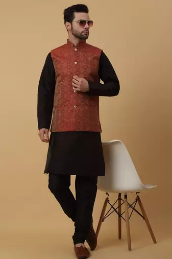 Men's black kurta and churidar with jacquard ethnic motifs printed nehru jacket