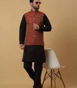 Men's black kurta and churidar with jacquard ethnic motifs printed nehru jacket