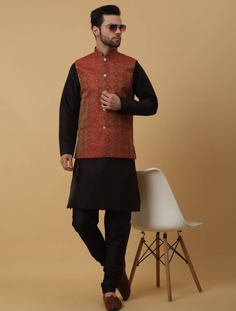 Men's black kurta and churidar with jacquard ethnic motifs printed nehru jacket