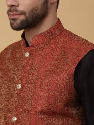 Men's black kurta and churidar with jacquard ethnic motifs printed nehru jacket 2