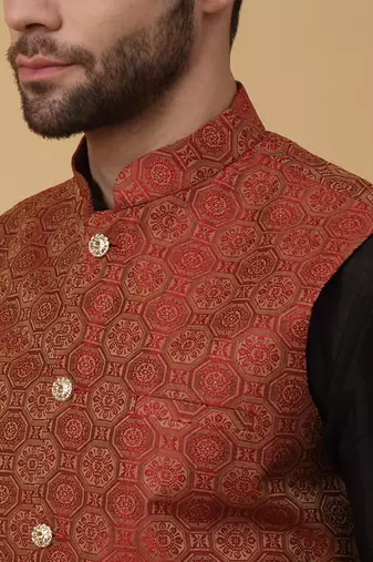 Men's black kurta and churidar with jacquard ethnic motifs printed nehru jacket