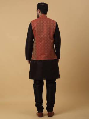 Men's black kurta and churidar with jacquard ethnic motifs printed nehru jacket 3